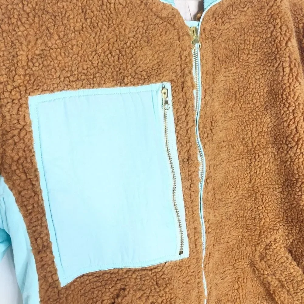 FREE PEOPLE We The Free Brown Sherpa Jacket with Aqua Trim - Size M - Picture 6 of 8